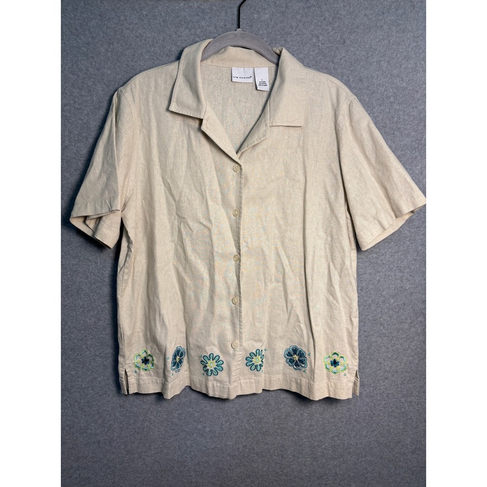 Cream Linen Blend Embroidered Blue Green Floral Button Front Blouse Women's L